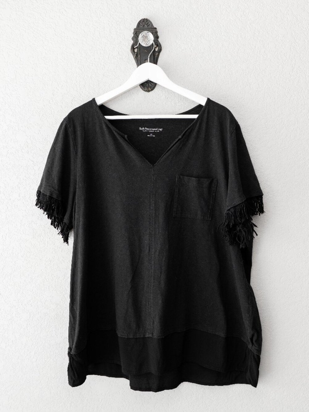 Soft Surroundings 2X Black Fringe Sleeve Top Sheer Hem Boho Relaxed Plus Size